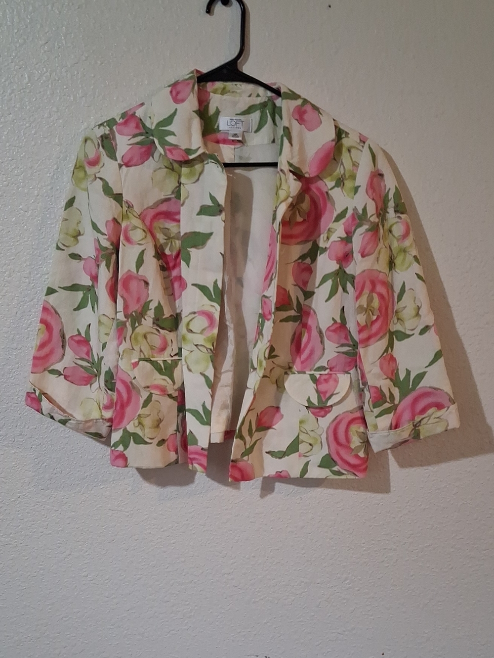 LOFT Pink & Green Floral Open-Front Jacket on Cream